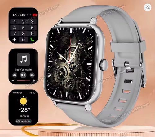 Montre connectée Android IOS affichant des fonctionnalités avec un bracelet gris et un cadran élégant.