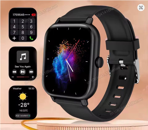 Montre connectée Android IOS affichant des fonctionnalités de santé et notifications, bracelet noir élégant.